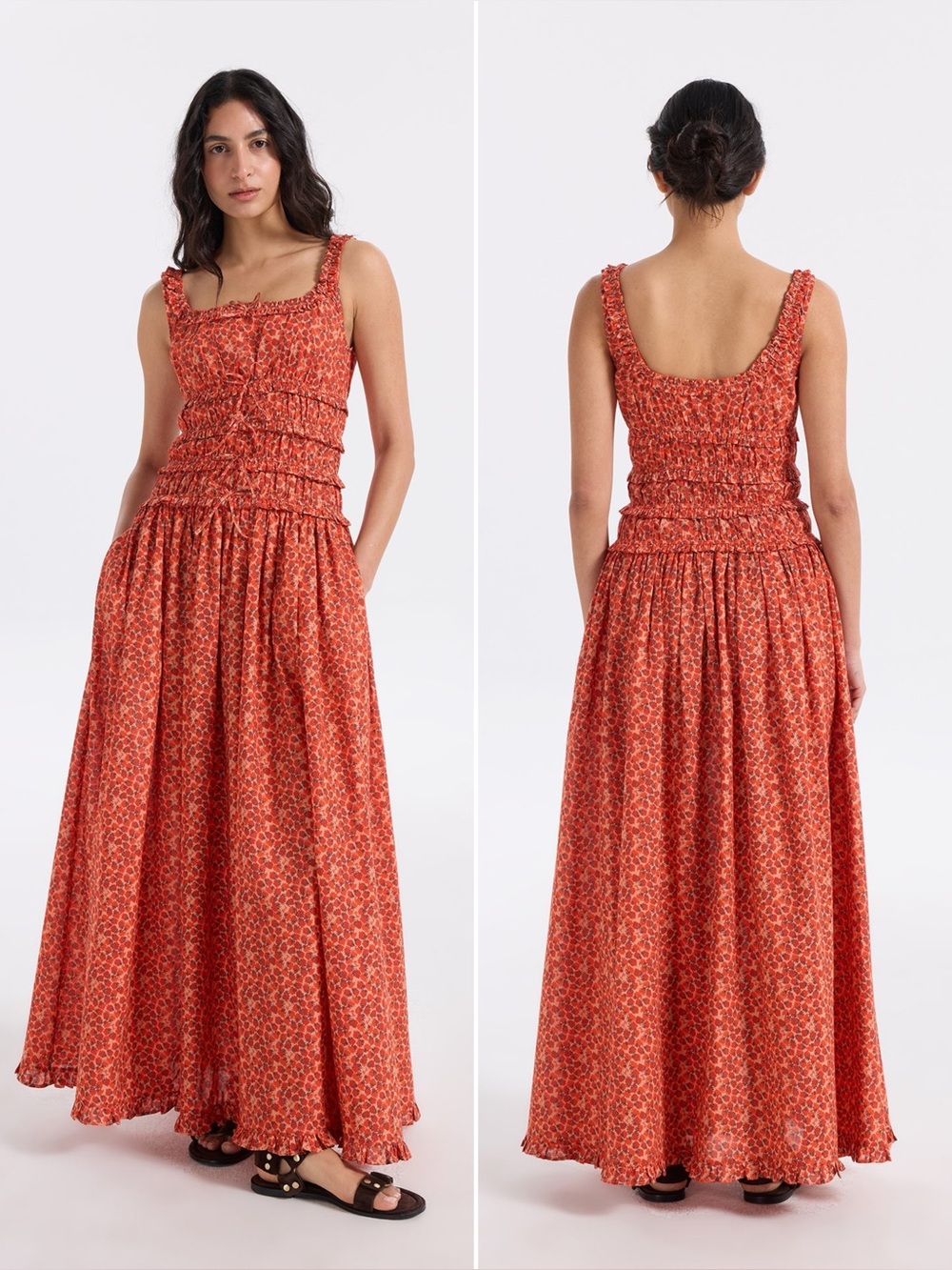 Faraway Floral Ruched Maxi Dress Red Orange Organic Cotton US 2 NWT